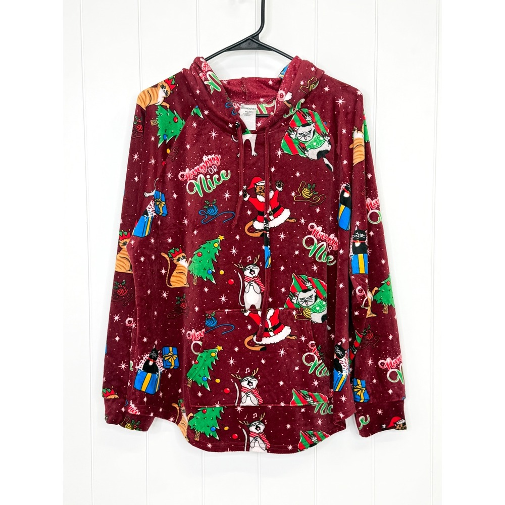 No Boundaries Naughty or Nice Cat Hoodie Women XXL 20 Red Christmas Fleece